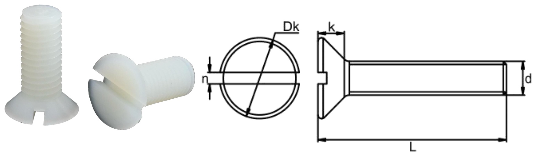 PA66/H0 Slotted Countersunk Head Screw — product photo and dimensional drawing