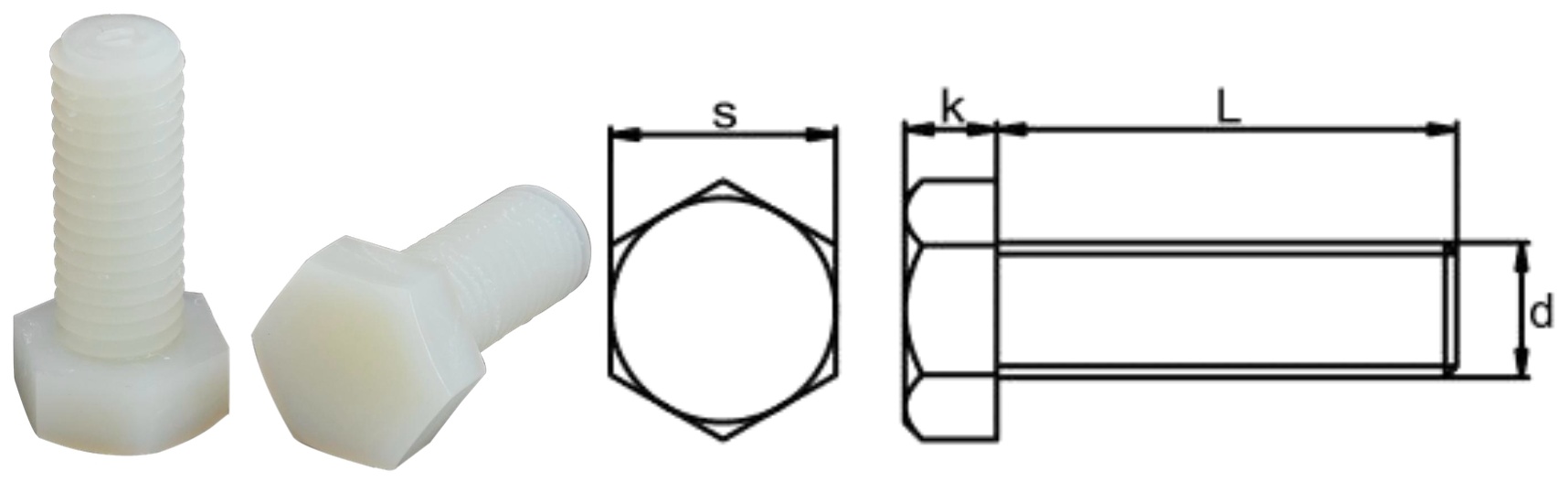 PA66/J0 Hexagon Head Bolt — product photo and dimensional drawing