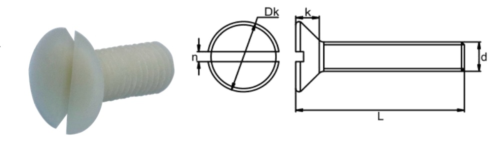 PA66+GF/H0 Slotted Countersunk Head Screw — product photo and dimensional drawing