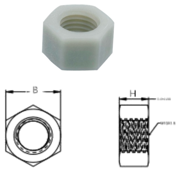 PA66+GF/HN Hexagon Nut — product photo and dimensional drawing