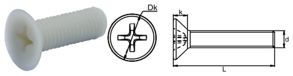 PA66+GF/I0 Cross Countersunk Head Screw — product photo and dimensional drawing