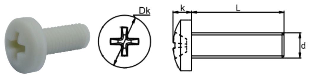 PA66+GF/P0 Cross Pan Head Screw — product photo and dimensional drawing