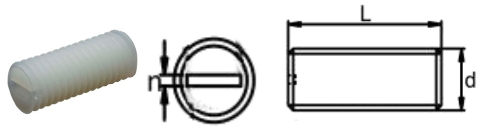 PA66+GF/R0 Slotted Set Screw (Flat Point) — product photo and dimensional drawing