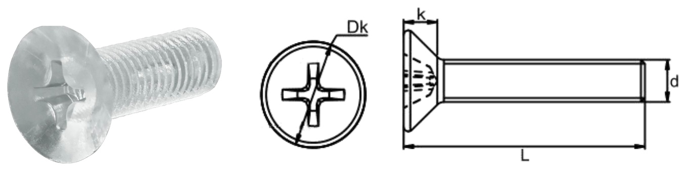 PC/I0 Cross Countersunk Head Screw — product photo and dimensional drawing