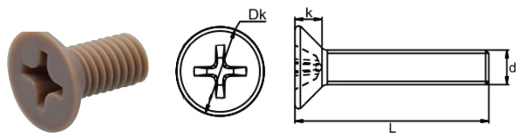 PEEK/I0 Cross Countersunk Head Screw — product photo and dimensional drawing