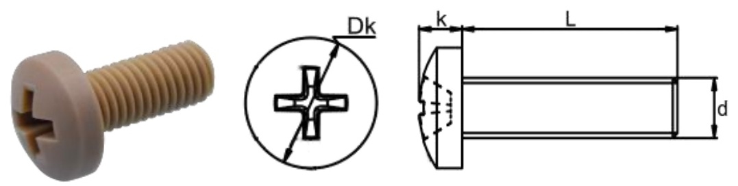 PEEK/P0 Cross Pan Head Screw — product photo and dimensional drawing