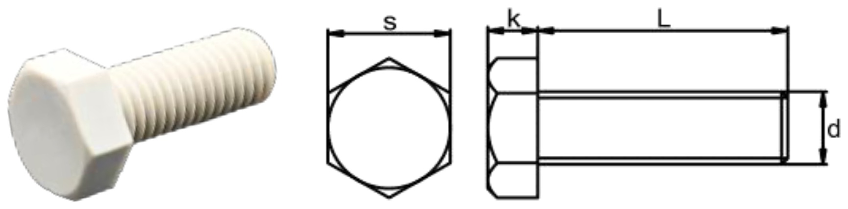 PPS/J0 Hexagon Head Bolt — product photo and dimensional drawing