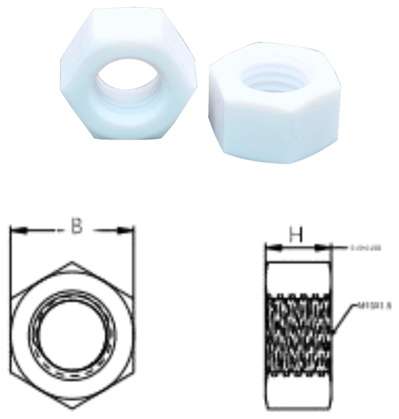 PTFE/HN Hexagon Nut — product photo and dimensional drawing
