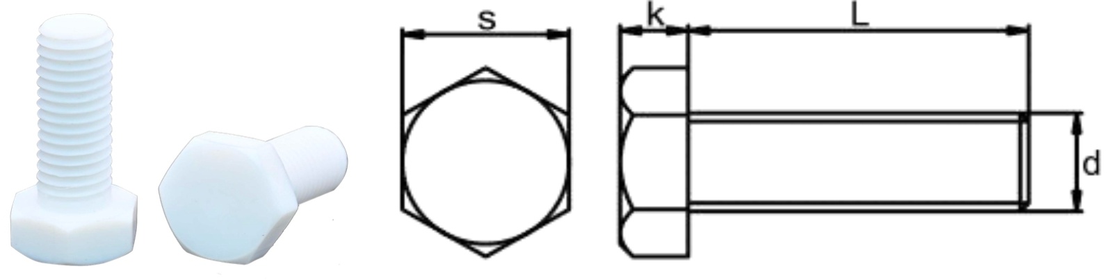 PTFE/J0 Hexagon Head Bolt — product photo and dimensional drawing