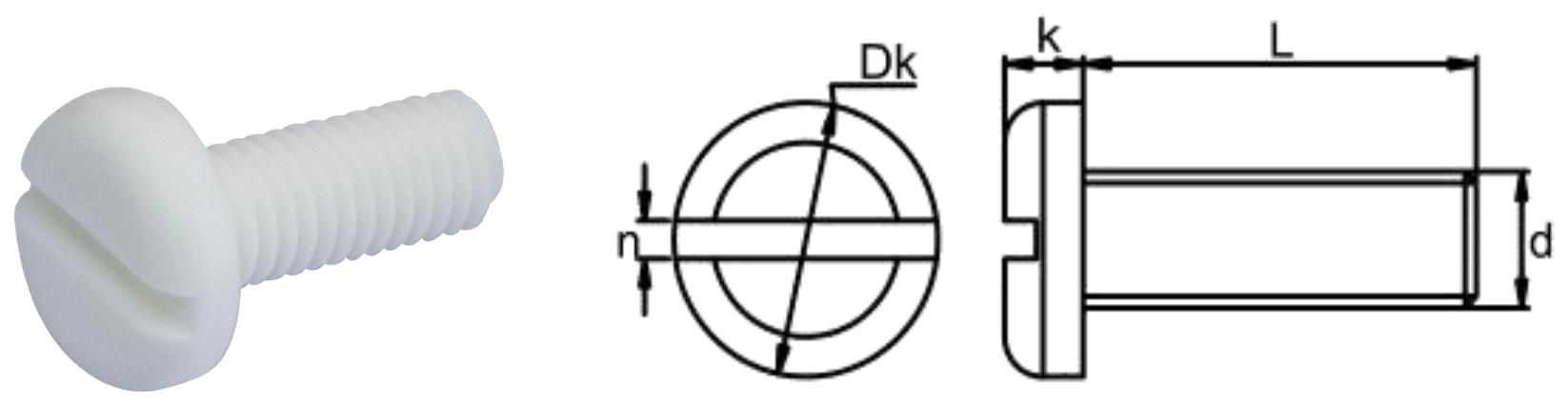 PTFE/N0 Slotted Pan Head Screw — product photo and dimensional drawing
