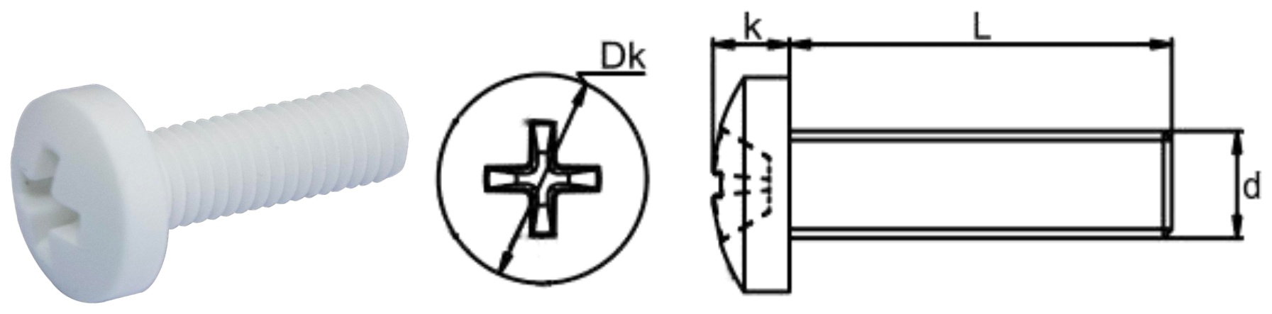 PTFE/P0 Cross Pan Head Screw — product photo and dimensional drawing
