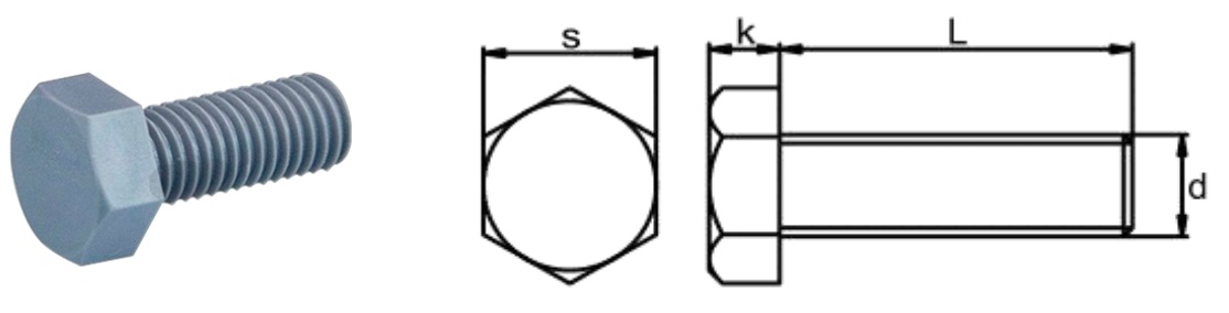 PVC/J0 Hexagon Head Bolt — product photo and dimensional drawing