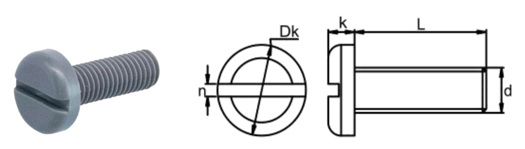 PVC/N0 Slotted Pan Head Screw — product photo and dimensional drawing