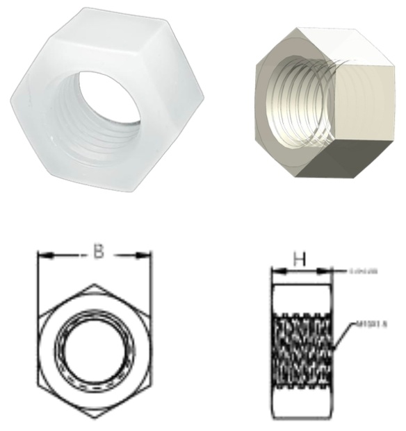 PVDF/HN Hexagon Nut — product photo and dimensional drawing