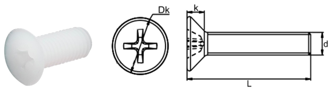 PVDF/I0 Cross Countersunk Head Screw — product photo and dimensional drawing