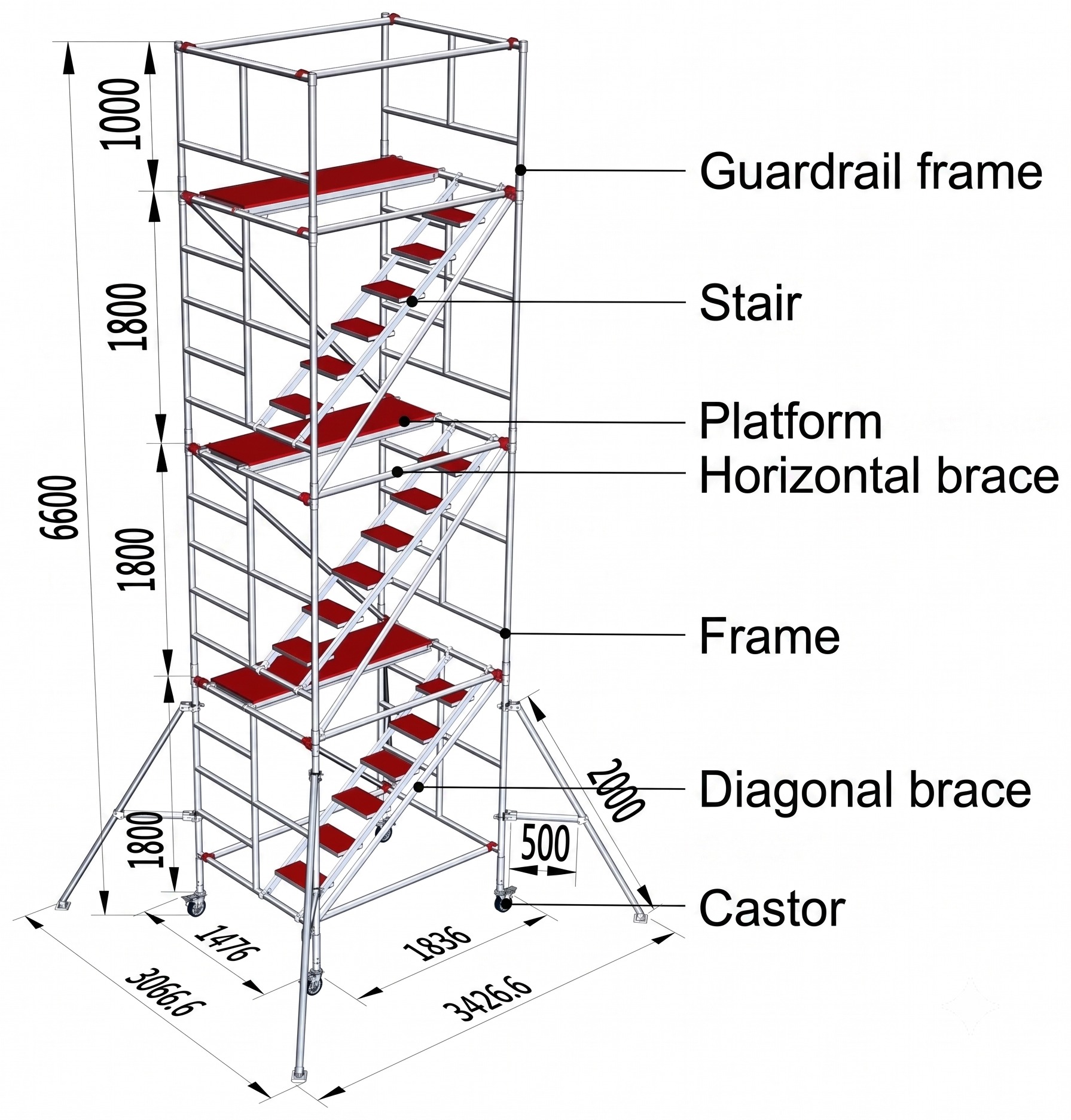 Scaffold tower structure showing frames, braces, platform and casters
